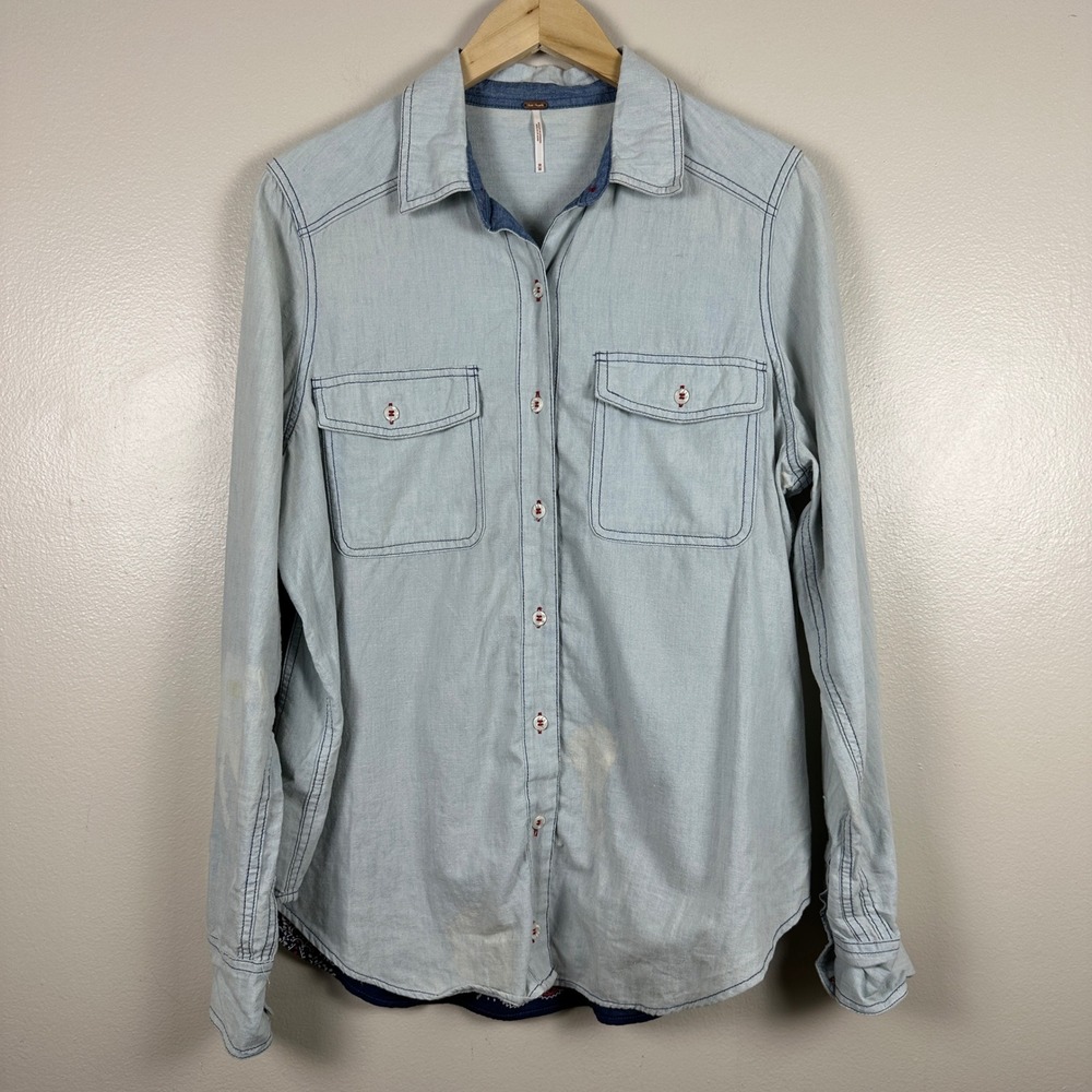 Free People Women's M Button Down Light Blue Bandana Back Mixed Media‎ Shirt